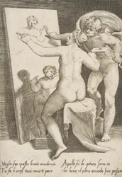 絵画のアレゴリーを表す女性のそばに立つアポロン、「The Loves ...」、1531-60 より。