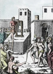 死刑: マンナイアと呼ばれ、1555 年に Achille Bocchi によって設計されたイタリアのギロチン (装飾機) の祖先による死刑判決の執行」ジュリオ Buonasone (Bonasone) による彫刻 (1498-1574) ( マナ