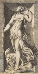 ニッチに立っている彼女の犬を連れたハントレスのダイアナ、16 世紀., 16 世紀.