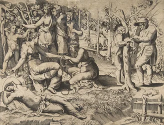 中央のフローラが別の女性に花輪を渡し、他の図に囲まれている.16 世紀半ば.