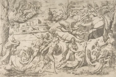 火星とレア シルビア: 中央で火星は盾と剣を持っています。レア シルビアは眠っています..., ca 1531-76.