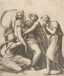 1531-76年、聖女たちの腕の中で気絶し、支えられている聖母。