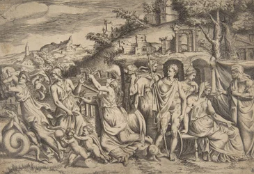 ジェイソンとメデアの物語、左は息子を連れ去り、真ん中は…、1531-76年。