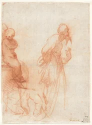 a) 人物像と手の習作 (レクト); b) 雄牛の習作 (裏面) 1530年頃 (紙に赤チョーク)