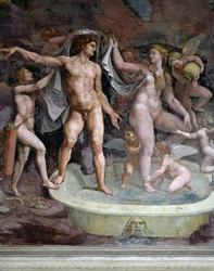 マルスとヴィーナスの沐浴、ジュリオ・ロマーノ（1499-1546）によるフレスコ画、パラッツォ・テ、マントヴァ、クピドとプシュケの間の北壁（ユネスコ世界遺産一覧、2008年）、ロンバルディア、イタリア