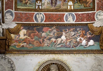 カメラデッレアクィレ、ギリシャとアマゾンの戦いを描いたフリーズの詳細、1528年のフレスコ画