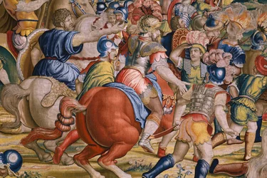 フランダースのタペストリー。 シリーズ The Acts of Scipio: The Battle at Zama. 漫画家のジュリオ・ロマーノ。 Balthasar van Vlierden (?) のアトリエ、ブリュッセル。 1523-1532。 詳細。