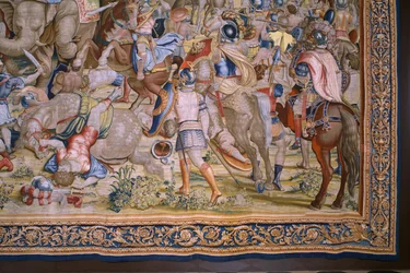 フランダースのタペストリー。 シリーズ The Acts of Scipio: The Battle at Zama. 漫画家のジュリオ・ロマーノ。 Balthasar van Vlierden (?) のアトリエ、ブリュッセル。 1523-1532。 詳細。