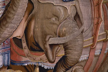 フランダースのタペストリー。 シリーズ The Acts of Scipio: The Battle at Zama. 漫画家のジュリオ・ロマーノ。 Balthasar van Vlierden (?) のアトリエ、ブリュッセル。 1523-1532。 詳細。