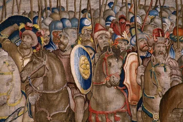 フランダースのタペストリー。 シリーズ The Acts of Scipio: The Battle at Zama. 漫画家のジュリオ・ロマーノ。 Balthasar van Vlierden (?) のアトリエ、ブリュッセル。 1523-1532。 詳細。
