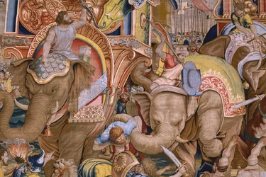 フランダースのタペストリー。 シリーズ The Acts of Scipio: The Battle at Zama. 漫画家のジュリオ・ロマーノ。 Balthasar van Vlierden (?) のアトリエ、ブリュッセル。 1523-1532。 詳細。