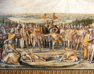 ホラティウスとキュリアティの間の戦闘、ジュゼッペ・セザーリ作（1568-1640）、フレスコ画、ホラティウスとキュリアティのホール、音楽院宮殿、ローマ、ローマ王国、イタリア