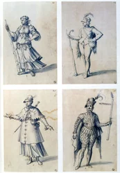 寓意的人物の衣装デザイン。ギゼッペ・アルチンボルド（1530-1593）イタリアの画家。紙にペン、青インク、水彩。