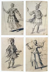 ギゼッペ・アルチンボルド（1530-1593）イタリアの画家。古典的神々の衣装デザイン。ディアナ/アルテミスとマルス/アレス。ギゼッペ・アルチンボルド（1530頃-1593）イタリアの画家。紙にペン、青インク、水彩。