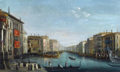 Vue du Grand canal depuis le palais Balbi, vers le pont du Rialto, avec une regate - View of the Grand Canal from Palazzo Balbi looking toward the Rialto Bridge with a Regatta par Bison, Giuseppe Bernardino (1762-1844).キャンバスに油彩、サイズ : 48,9x81,9,