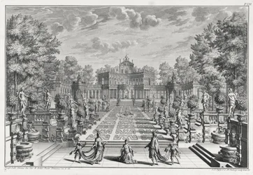 ヨハンアンドレアスフェッフェル（1674-1748）によって彫刻されたArchitectus Theatralis Primariusによる庭園のオペラの舞台、1740年出版