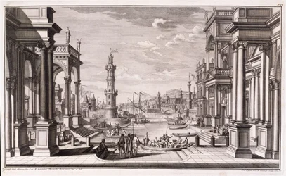 「Architectus Theatralis Primarius」からのバロック様式の柱のある小さな港、1740年公開