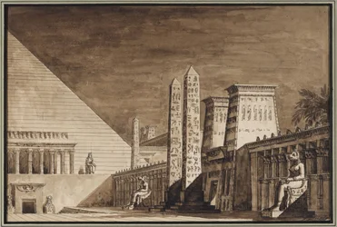 ジョアキーノ・ロッシーニのオペラ「セミラミデ」の舞台美術 - ジュゼッペ・ボルサト（1771-1849）。紙にペン、筆、墨