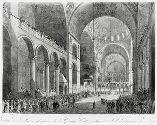 Veneton maakunnat vannovat uskollisuutta Itävallan keisarille Francis II:lle (1768-1835) San Marcon basilikassa Venetsiassa 7. toukokuuta