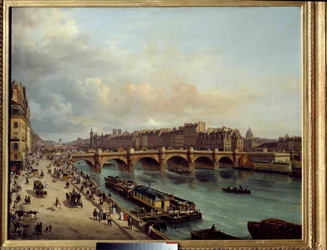Quai du Louvreから見たLa cite et le Pont Neuf 手前にはボートウォッシュ（船の洗い場）とセーヌ川の岸辺の大いなる活気が描かれています。カネラ Giuseppe Canella l