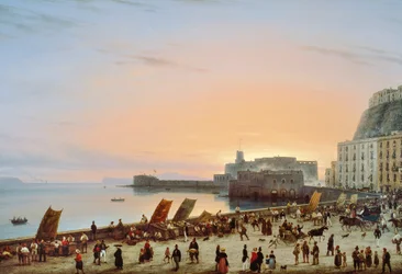 ナポリのウォーターフロントの夕日、1838年頃、ジュゼッペ・カネッラ作（1788-1847）、キャンバスに油彩、90x135cm