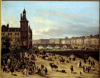 パリの花の散歩道、時計台、ポン・オ・チェンジ、ポン・ヌフの眺め ジュゼッペ・カネラ・ラン（1788-1847）の絵画 1832年 日の丸0,52 x 0,66 m パリ、カルナヴァレ美術館