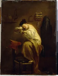 ノミを探している女性。 (ノミを探している女性)。 ジュゼッペ マリア クレスピ (1665-1747) の絵画、キャンバスに油彩、1710 年頃。 イタリア美術 (ボローニャ)