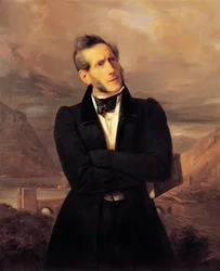 アレッサンドロ・マンゾーニの肖像とレッコの風景、ジュゼッペ・モルテーニ（1800-1867）の絵画、マッシモ・ダゼリオ（1798-1866）が描いた風景、油彩・キャンバス