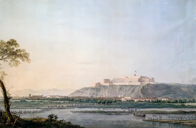 スクリビアを横切るフランス軍、ジュゼッペ・ピエトロ・バジェッティ（1764-1831）の絵画、ナポレオン戦争、イタリア