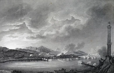 イギリス艦隊に砲撃されるジェノバ、1800年5月25日、ジュゼッペ・ピエトロ・バジェッティ（1764-1831）の図面からのスティール・エングレーヴィング、パリ