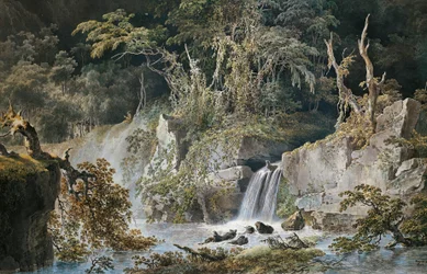 ジュゼッペ・ピエトロ・バジェッティ（1764-1831）の「滝のある風景」。