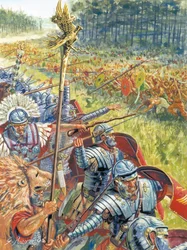 古代ローマ紀元105年頃、トラヤヌス帝の時代のダキアにおけるローマ軍 - Ancient rome：ダキア人に対するトラヤヌス帝のローマ軍 - イラスト：Giuseppe Rava