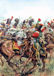 1805年12月2日、アウステルリッツの戦い、大軍兵士とロシア軍およびオーストリア軍との戦い - 1805年12月2日、アウステルリッツの戦い、ナポレオン1世軍とロシア軍およびオーストリア軍との戦い - イラスト：ジュゼッペ・ラヴァ
