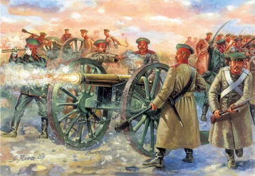 クリミア戦争：1854年10月25日のバラクラヴァの戦いにおけるロシア砲兵の優勢 - クリミア戦争：1854年10月25日に戦われたバラクラヴァの戦いのロシア兵 - ジュゼッペ・ラーヴァによる挿絵
