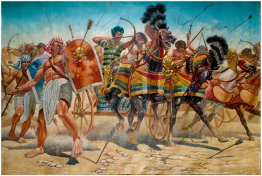 エジプト古代遺跡：紀元前1274年のカデシュの戦いでの、戦車を誘導するファラオ・ラムセス2世（紀元前1304年～1213年）の軍隊の表現 - 古代エジプト、紀元前1274年のカデシュの戦いでのファラオ・ラムセス2世（紀元前1303年ð紀元前1213年）と彼の軍隊 - 図版