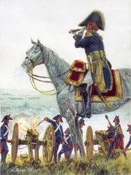 第一帝国：「1805年アウステルリッツの戦いにおけるミシェル・マリー・クラパレド将軍」 第一帝国：1805年アウステルリッツの戦いにおけるフランスのミシェル・マリー・クラパレド将軍 - イラスト：ジュゼッペ・ラヴァ