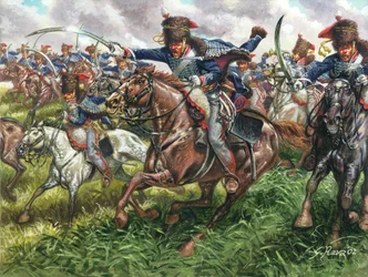 第一帝国：1815年6月18日、ワーテルローの戦いにおけるイギリス竜騎兵第15連隊の突撃 - 第一帝国：1815年6月18日、ワーテルローにおけるイギリス竜騎兵第15連隊の突撃 - イラスト：ジュゼッペ・ラヴァ
