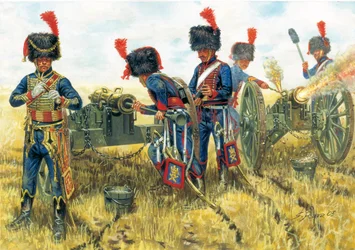 最初の帝国：1815年6月18日、ワーテルローの戦いにおけるナポレオン1世の帝国親衛隊の大砲兵 - 最初の帝国：1815年6月18日、ワーテルローにおけるナポレオン1世の帝国親衛隊の大砲兵 - ジュゼッペ・ラヴァによるイラストレーション