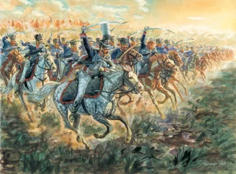 最初の帝国：1810年頃のプロイセン軍フッサールの突撃 - 最初の帝国：突撃するプロイセン軍フッサール - ジュゼッペ・ラヴァによるイラストレーション