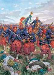 1859年のイタリア遠征（第二次イタリア独立戦争）：1859年6月24日のソルフェリーノの戦いにおけるナポレオン3世率いるフランス軍ズアーヴ隊の突撃 - 第二次イタリア独立戦争（オーストリア・フランコ戦争、オーストリア・サルデーニャ戦争、オーストリア・プーリア戦争