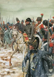 皇帝万歳皇帝ナポレオン1世（1769-1821）、1814年1月のフランス遠征中、馬が軍を取り囲む」-第6次連合戦争、フランスでの戦い、フランス遠征中、軍に取り囲まれる皇帝ナポレオン1世-イラスト：G