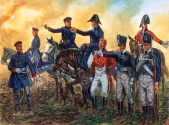ナポレオン戦争：イギリス軍を指揮するウェリントン公爵アーサー・ウェルズリー（1769-1852）とプロイセン軍を指揮するゲバルト・レベレヒト・フォン・ブルーヒャー（1742-1819）、ワーテルローの戦いでの1815年6月18日 - （ナポレオン戦争：指揮官 ウェリントン公爵