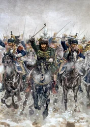 プロイセン・ポーランド遠征：2月8日、アイラウの戦いで騎兵隊の先頭に立つヨアヒム・ミュラート（1767-1815）。