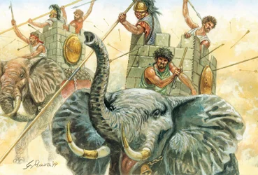 古代ローマ時代：ハンニバルの象 - 第二次ポエニ戦争中の紀元前218年、ハンニバル将軍（紀元前247～183年）にアルプス越えを許した象の表現 イラスト：Giuseppe Rava