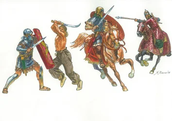サルマティア人のカタフラクトと戦うダキア人の戦士とローマ騎兵と戦うローマ軍団兵