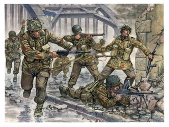 第二次世界大戦：1944年9月、オランダでのマーケット・ガーデン作戦で「赤い悪魔」のニックネームを持つイギリス空挺部隊 - WWII：1944年9月、マーケット・ガーデン作戦、赤い悪魔と呼ばれたイギリス空挺部隊 - イラスト：Giuseppe Rava