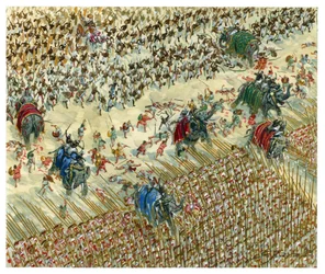 紀元前327年、ヒダスペスの戦い アレクサンドロスとポラスの戦い - インダス渓谷の征服を続けるアレクサンドロス大王 - ヒダスペスの戦いでポラス王と戦うアレクサンドロス大王 - イラスト：Giuseppe Rava