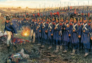 1815年6月18日、ワーテルローの戦いでのウェリントン中央に対する中衛の攻撃 「ワーテルローの戦いでウェリントン公の部隊に進撃するナポレオン1世（1769-1821）の帝国軍