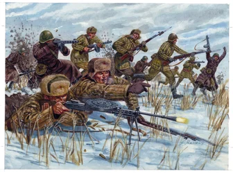 第二次世界大戦：戦場を進むロシア歩兵 - 第二次世界大戦：戦場を進むロシア歩兵 - イラスト：Giuseppe Rava