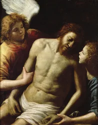 死んだキリストは二人の天使に支えられた。 1628年